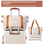 Ensemble de 3 valises - Lot de valises rigides blanches et marron (bagage cabine 50 cm + sac de voyage, roues pivotantes et serrure TSA, homologué pour les voyages en avion pour femmes)