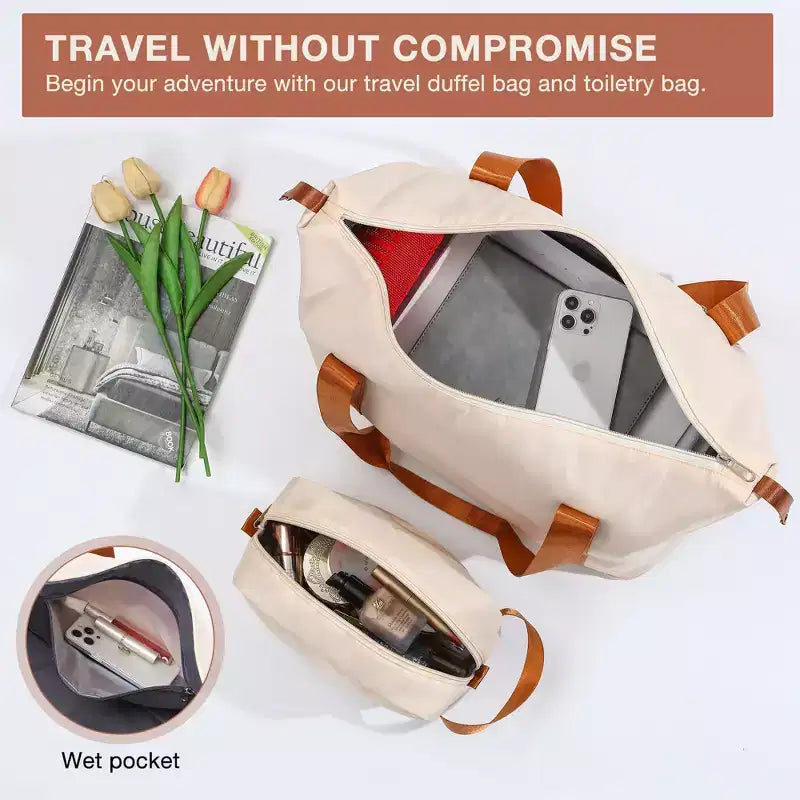 Ensemble de 3 valises - Lot de valises rigides blanches et marron (bagage cabine 50 cm + sac de voyage, roues pivotantes et serrure TSA, homologué pour les voyages en avion pour femmes)