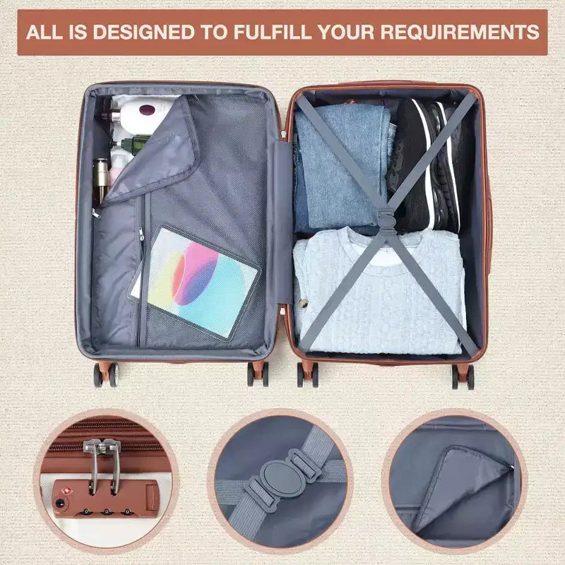 Ensemble de 3 valises - Lot de valises rigides blanches et marron (bagage cabine 50 cm + sac de voyage, roues pivotantes et serrure TSA, homologué pour les voyages en avion pour femmes)