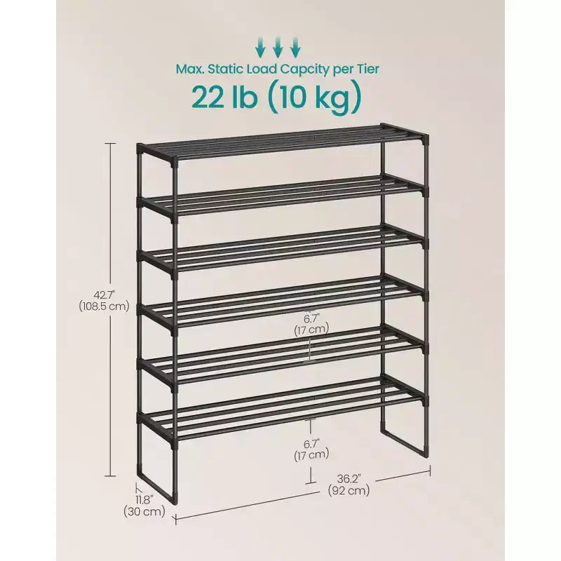 Range-chaussures empilable à 6 niveaux, organisateur de chaussures en métal de 92 cm avec une capacité de 10 kg par niveau, vertical et réversible pour entrée, noir