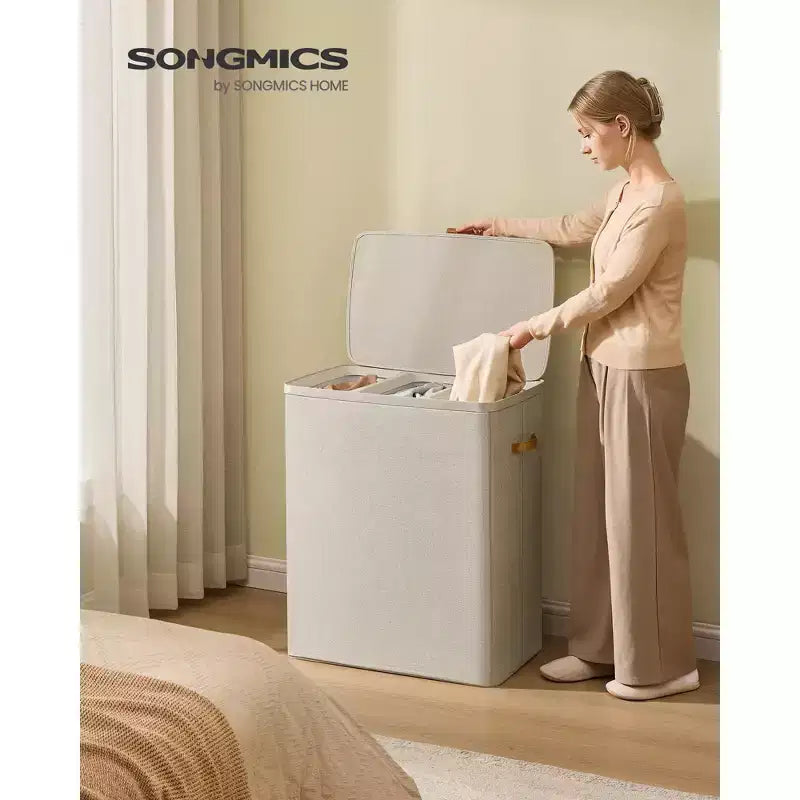 Panier à Linge, 190 L, 3 Compartiments avec Couvercle et Sacs Amovibles, pour Toute la Famille