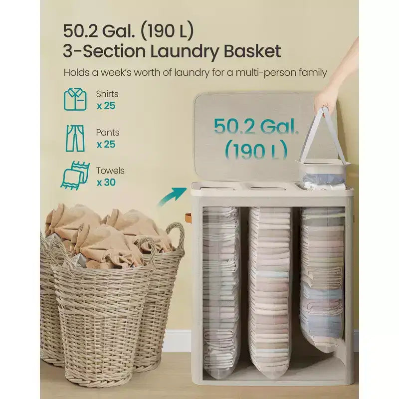 Panier à Linge, 190 L, 3 Compartiments avec Couvercle et Sacs Amovibles, pour Toute la Famille