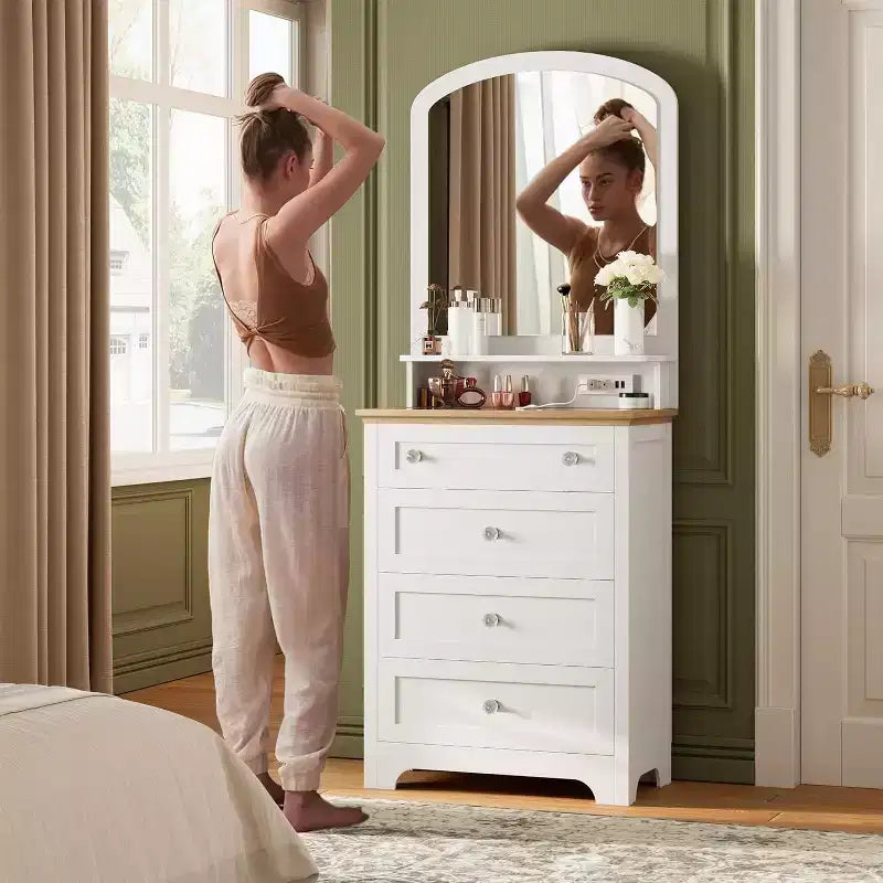Commode à 4 tiroirs Acekool avec miroir, station de recharge et plateau en verre, coiffeuse moderne pour chambre à coucher, salon, entrée