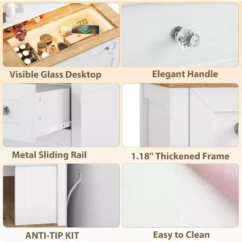 Commode à 4 tiroirs Acekool avec miroir, station de recharge et plateau en verre, coiffeuse moderne pour chambre à coucher, salon, entrée
