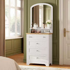 Commode à 4 tiroirs Acekool avec miroir, station de recharge et plateau en verre, coiffeuse moderne pour chambre à coucher, salon, entrée