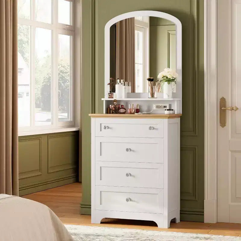 Commode à 4 tiroirs Acekool avec miroir, station de recharge et plateau en verre, coiffeuse moderne pour chambre à coucher, salon, entrée