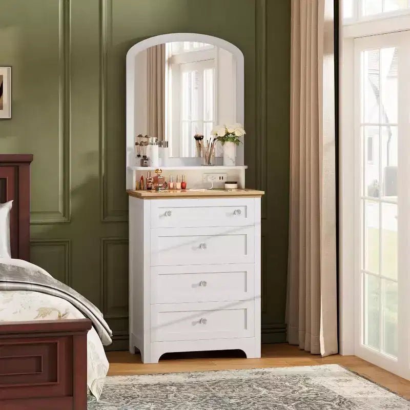 Commode à 4 tiroirs Acekool avec miroir, station de recharge et plateau en verre, coiffeuse moderne pour chambre à coucher, salon, entrée