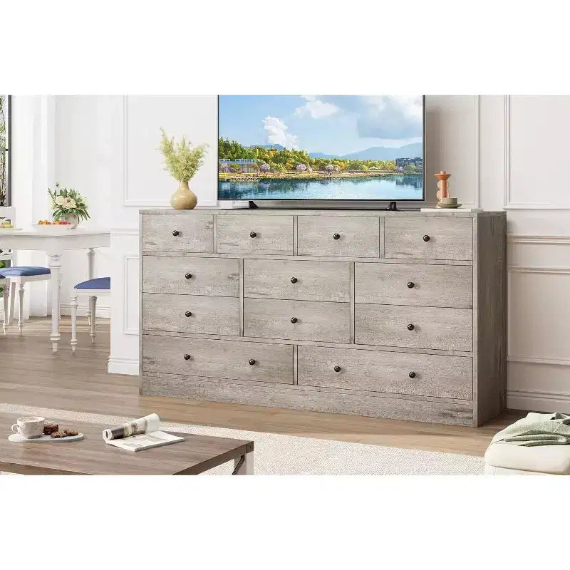 Acekool Commode à 12 tiroirs avec prises de courant, organiseur de rangement en bois de 61 pouces pour chambre à coucher, salon, couloir