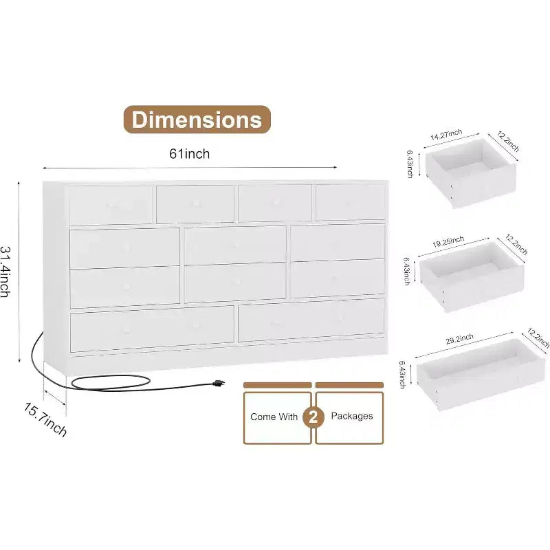 Acekool Commode à 12 tiroirs avec prises de courant, organiseur de rangement en bois de 61 pouces pour chambre à coucher, salon, couloir