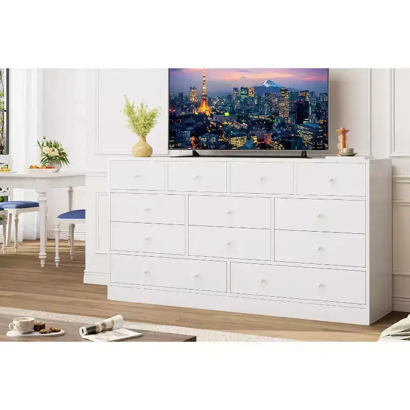 Acekool Commode à 12 tiroirs avec prises de courant, organiseur de rangement en bois de 61 pouces pour chambre à coucher, salon, couloir