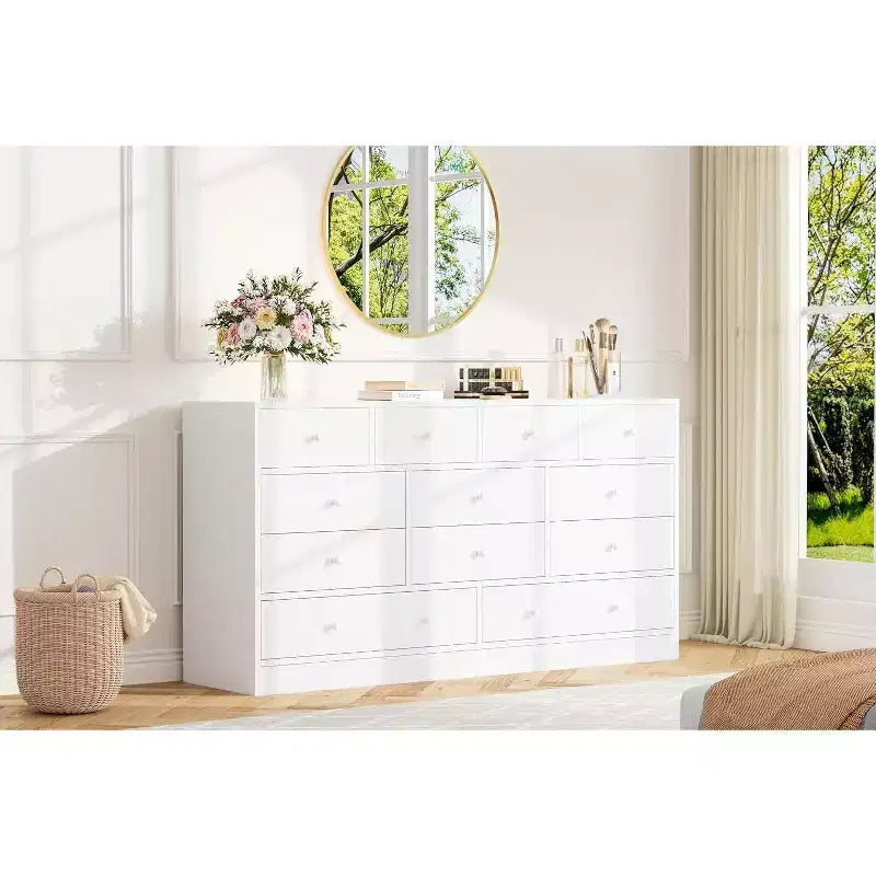 Acekool Commode à 12 tiroirs avec prises de courant, organiseur de rangement en bois de 61 pouces pour chambre à coucher, salon, couloir