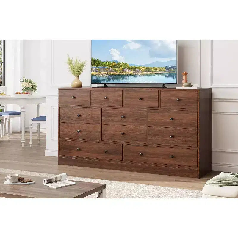 Acekool Commode à 12 tiroirs avec prises de courant, organiseur de rangement en bois de 61 pouces pour chambre à coucher, salon, couloir