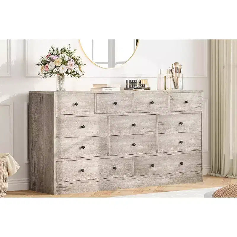 Acekool Commode à 12 tiroirs avec prises de courant, organiseur de rangement en bois de 61 pouces pour chambre à coucher, salon, couloir