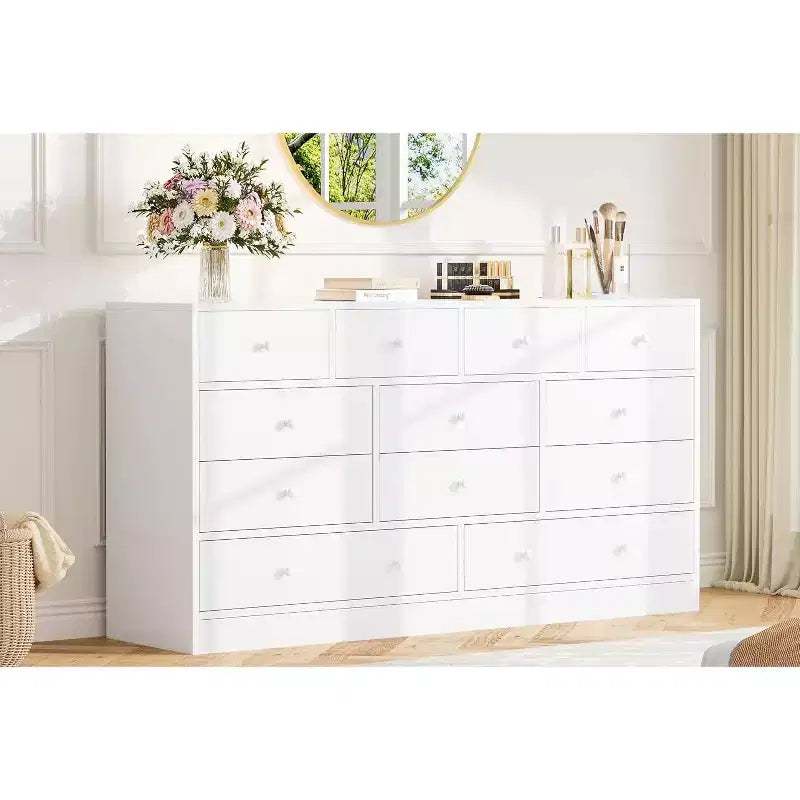 Acekool Commode à 12 tiroirs avec prises de courant, organiseur de rangement en bois de 61 pouces pour chambre à coucher, salon, couloir
