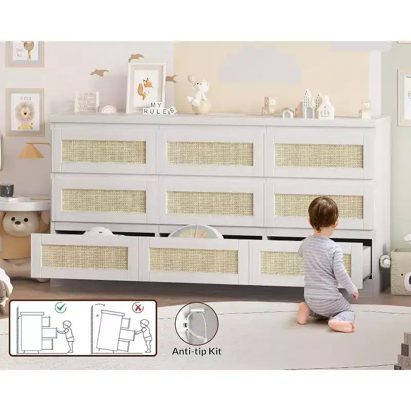 Acekool Commode à 9 tiroirs en rotin avec station de recharge, organisateur de commode de style ferme pour chambre, salon, couloir