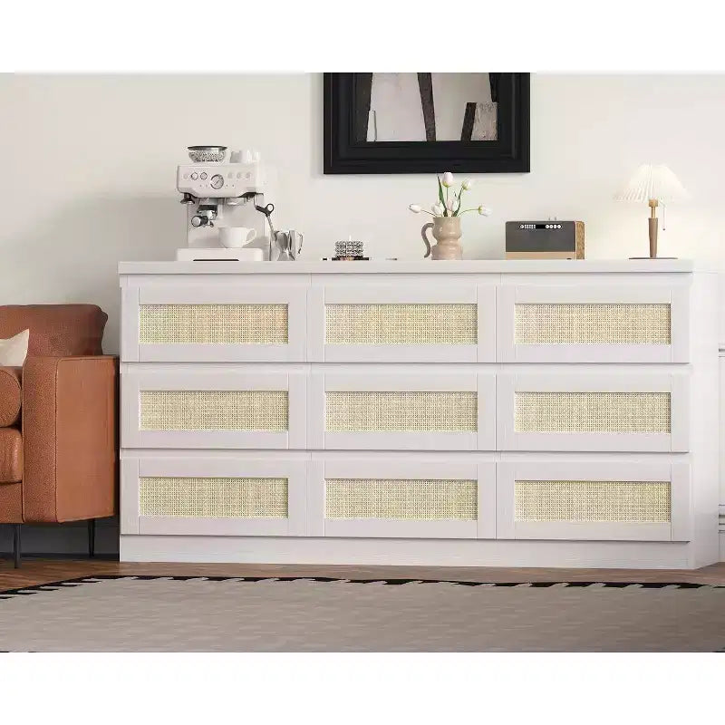 Acekool Commode à 9 tiroirs en rotin avec station de recharge, organisateur de commode de style ferme pour chambre, salon, couloir