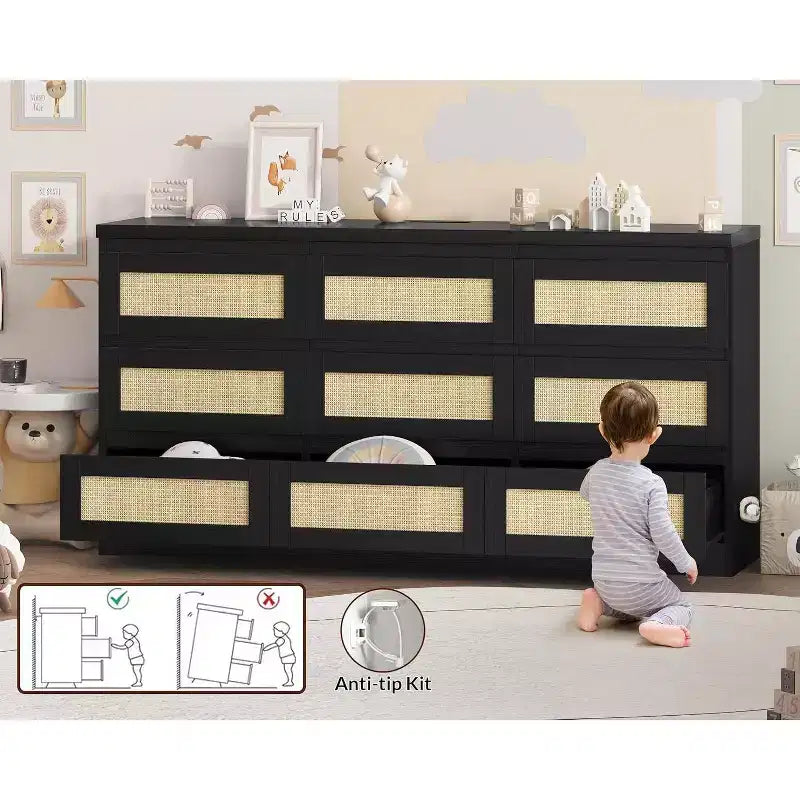 Acekool Commode à 9 tiroirs en rotin avec station de recharge, organisateur de commode de style ferme pour chambre, salon, couloir