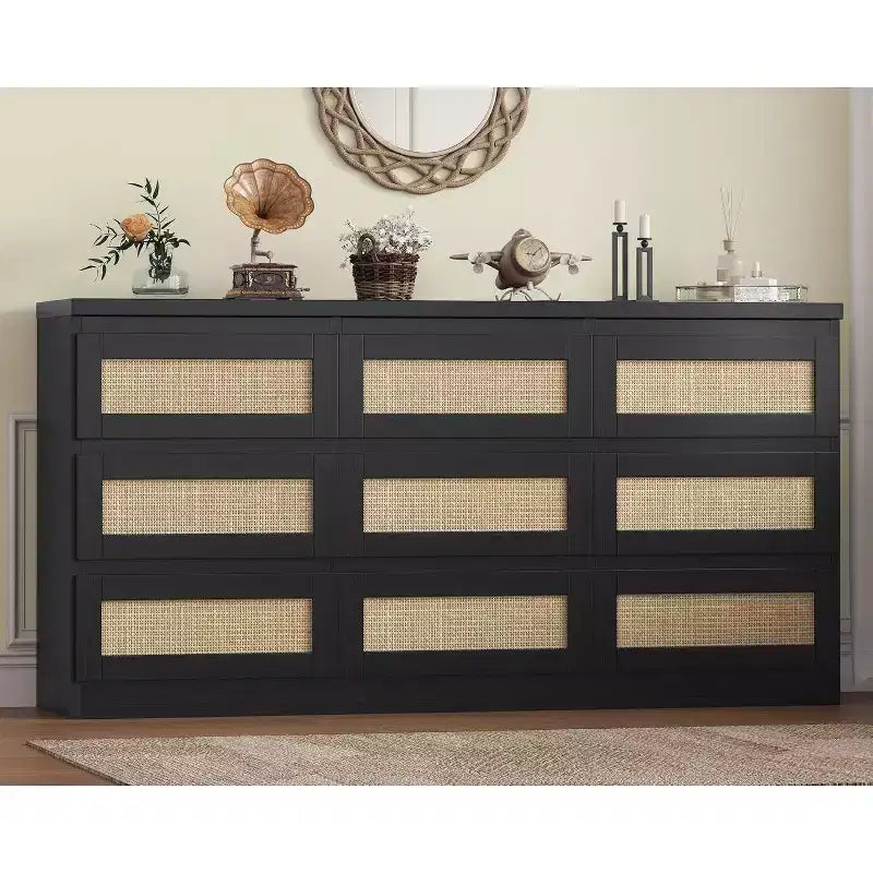 Acekool Rattan 9 Drawer Dresser with Charging Station, Farmhouse Chest Organizer for Bedroom, Living Room, Hallway
