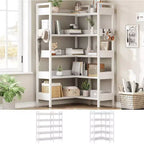 Étagère d'angle robuste à 5 niveaux avec cadre en métal, fonction convertible et 4 crochets, conçue pour durer dans le salon, la chambre ou le bureau à domicile.