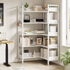 Étagère d'angle robuste à 5 niveaux avec cadre en métal, fonction convertible et 4 crochets, conçue pour durer dans le salon, la chambre ou le bureau à domicile.