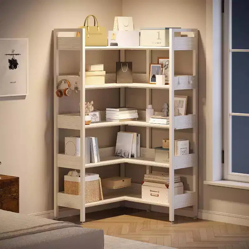 Étagère d'angle robuste à 5 niveaux avec cadre en métal, fonction convertible et 4 crochets, conçue pour durer dans le salon, la chambre ou le bureau à domicile.