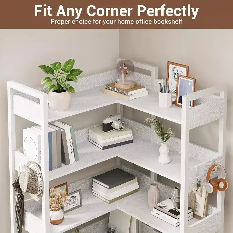 Étagère d'angle robuste à 5 niveaux avec cadre en métal, fonction convertible et 4 crochets, conçue pour durer dans le salon, la chambre ou le bureau à domicile.