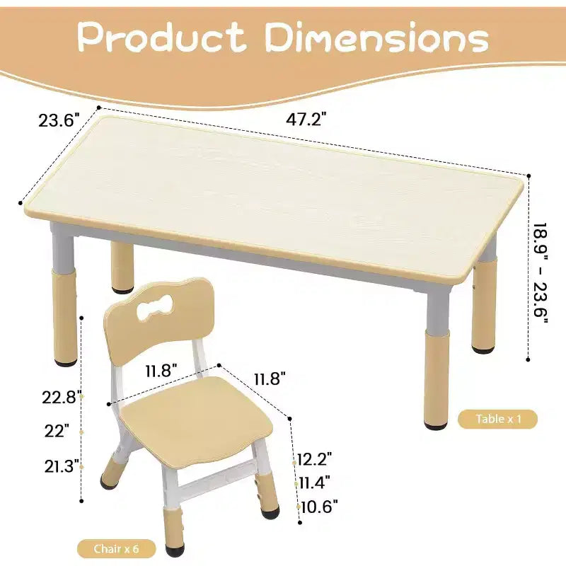 Ensemble Table et 6 Chaises pour Enfants, Table pour Tout-Petits Réglable en Hauteur, Plateau Anti-Graffiti, Table d'Étude pour Enfants pour 6 Enfants, pour la Maison, la Garderie, la Maternelle, pour les 2-10 Ans