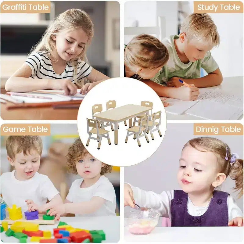 Ensemble Table et 6 Chaises pour Enfants, Table pour Tout-Petits Réglable en Hauteur, Plateau Anti-Graffiti, Table d'Étude pour Enfants pour 6 Enfants, pour la Maison, la Garderie, la Maternelle, pour les 2-10 Ans