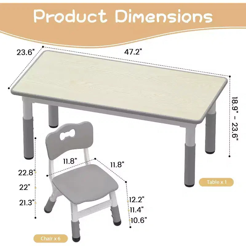Ensemble Table et 6 Chaises pour Enfants, Table pour Tout-Petits Réglable en Hauteur, Plateau Anti-Graffiti, Table d'Étude pour Enfants pour 6 Enfants, pour la Maison, la Garderie, la Maternelle, pour les 2-10 Ans