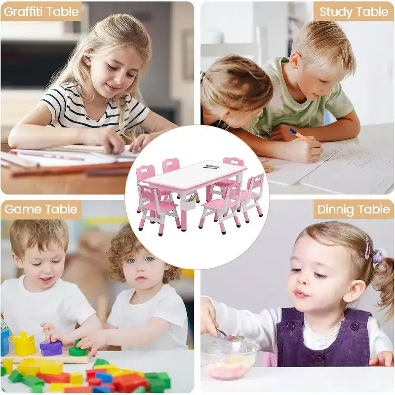 Ensemble Table et 6 Chaises pour Enfants, Table pour Tout-Petits Réglable en Hauteur, Plateau Anti-Graffiti, Table d'Étude pour Enfants pour 6 Enfants, pour la Maison, la Garderie, la Maternelle, pour les 2-10 Ans