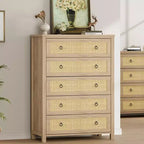 Rattan Dresser for Bedroom with 5 Drawers, 45'' Tall Chest of Large Drawers with Large Clothes Storage Cabinet, Wood Bedroom Dresser, TV Stand