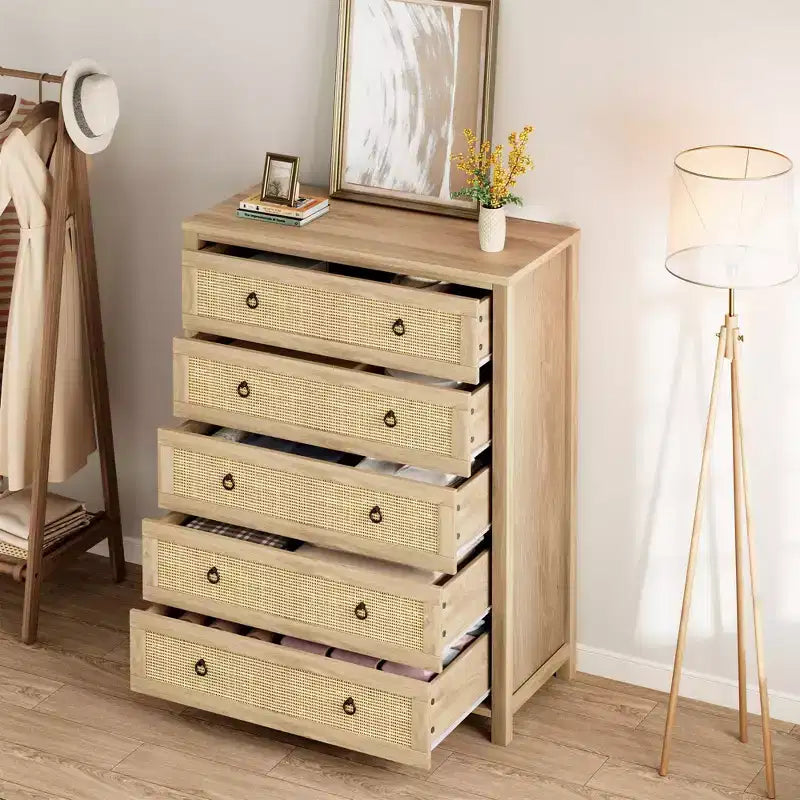 Commode en rotin pour chambre à coucher avec 5 tiroirs, commode haute de 114 cm avec grands tiroirs et grand meuble de rangement pour vêtements, commode en bois pour chambre à coucher, meuble TV