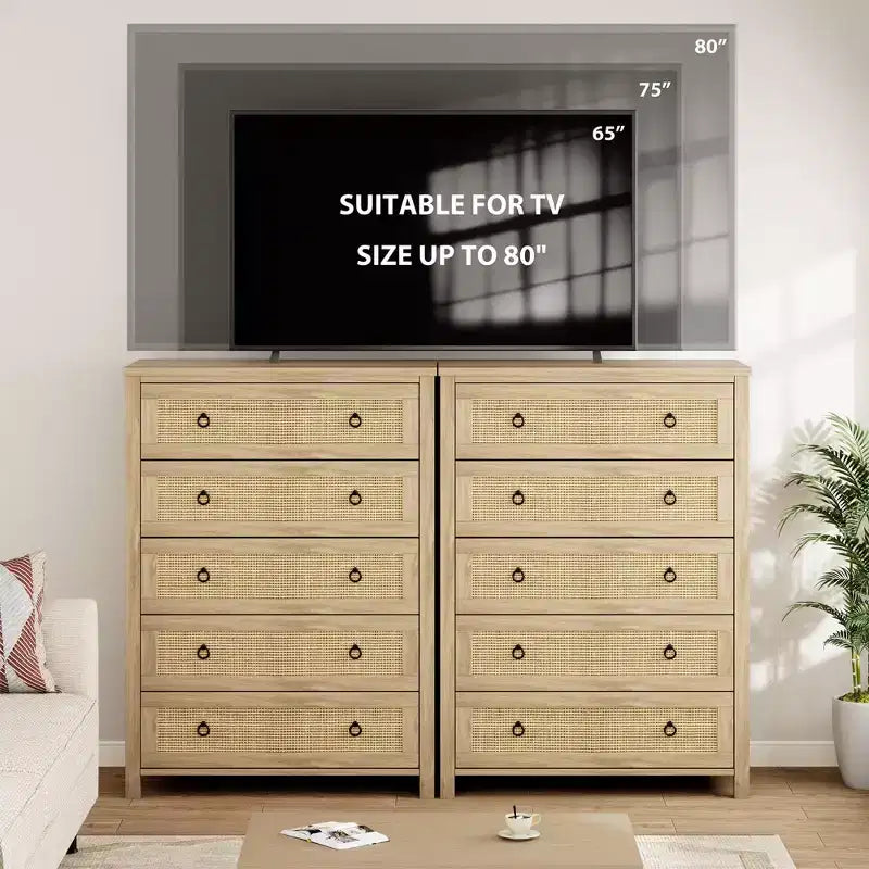 Commode en rotin pour chambre à coucher avec 5 tiroirs, commode haute de 114 cm avec grands tiroirs et grand meuble de rangement pour vêtements, commode en bois pour chambre à coucher, meuble TV