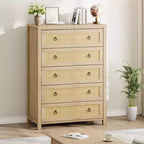 Commode en rotin pour chambre à coucher avec 5 tiroirs, commode haute de 114 cm avec grands tiroirs et grand meuble de rangement pour vêtements, commode en bois pour chambre à coucher, meuble TV