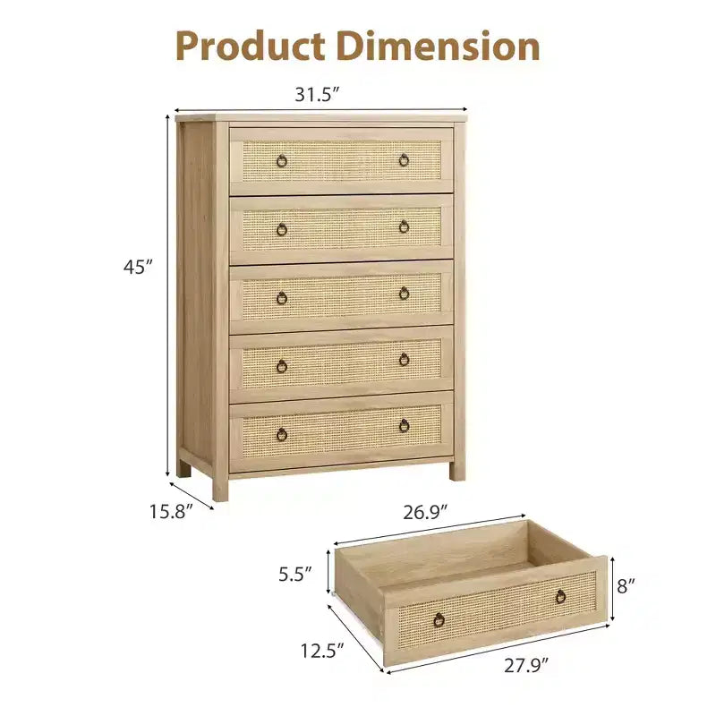 Commode en rotin pour chambre à coucher avec 5 tiroirs, commode haute de 114 cm avec grands tiroirs et grand meuble de rangement pour vêtements, commode en bois pour chambre à coucher, meuble TV