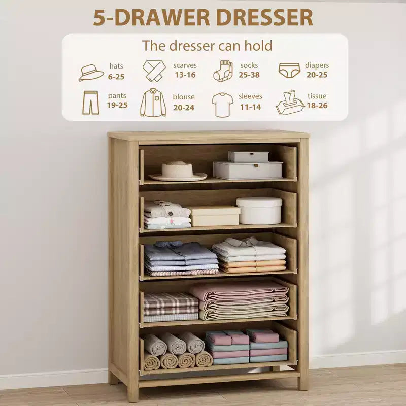 Commode en rotin pour chambre à coucher avec 5 tiroirs, commode haute de 114 cm avec grands tiroirs et grand meuble de rangement pour vêtements, commode en bois pour chambre à coucher, meuble TV