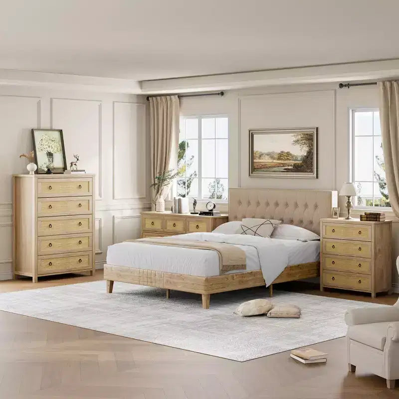 Commode en rotin pour chambre à coucher avec 5 tiroirs, commode haute de 114 cm avec grands tiroirs et grand meuble de rangement pour vêtements, commode en bois pour chambre à coucher, meuble TV