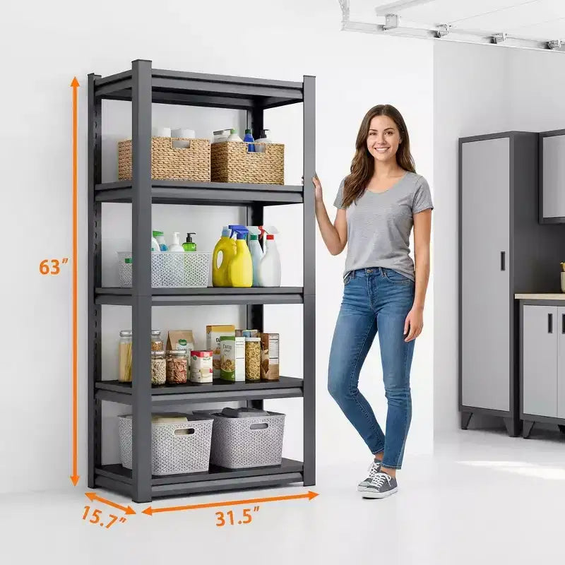 VIYET 63 Étagères de rangement métalliques robustes à 5 niveaux - Capacité de 900 kg Unité de rayonnage réglable pour garage, cuisine et cellier, noir