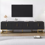 Meuble TV pour téléviseur de plus de 80 pouces, meuble TV multifonctionnel géométrique moderne et minimaliste avec armoires de rangement, poignées et pieds en métal