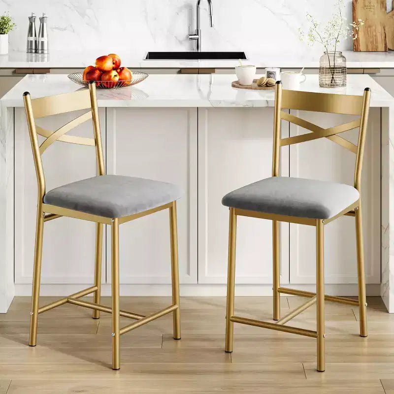 Lot de 2 tabourets de bar, tabourets de bar hauteur comptoir avec repose-pieds et dossier, chaises de bar modernes rembourrées, tabourets de bar en métal pour comptoir de cuisine, îlot