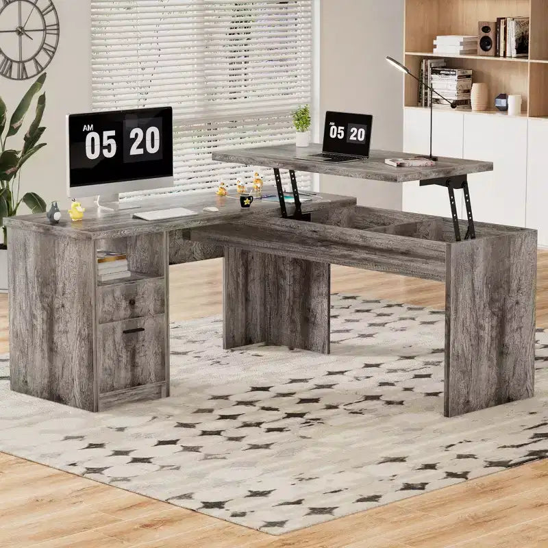 Besiost Bureau d'ordinateur à plateau relevable de 56 pouces avec tiroirs et prises de courant, Plateau relevable