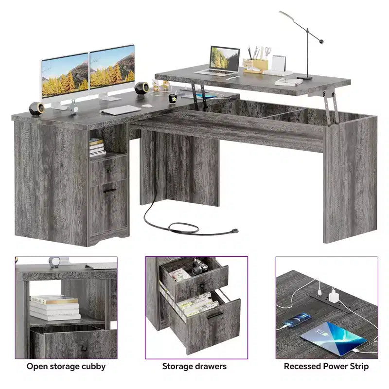 Besiost Bureau d'ordinateur à plateau relevable de 56 pouces avec tiroirs et prises de courant, Plateau relevable