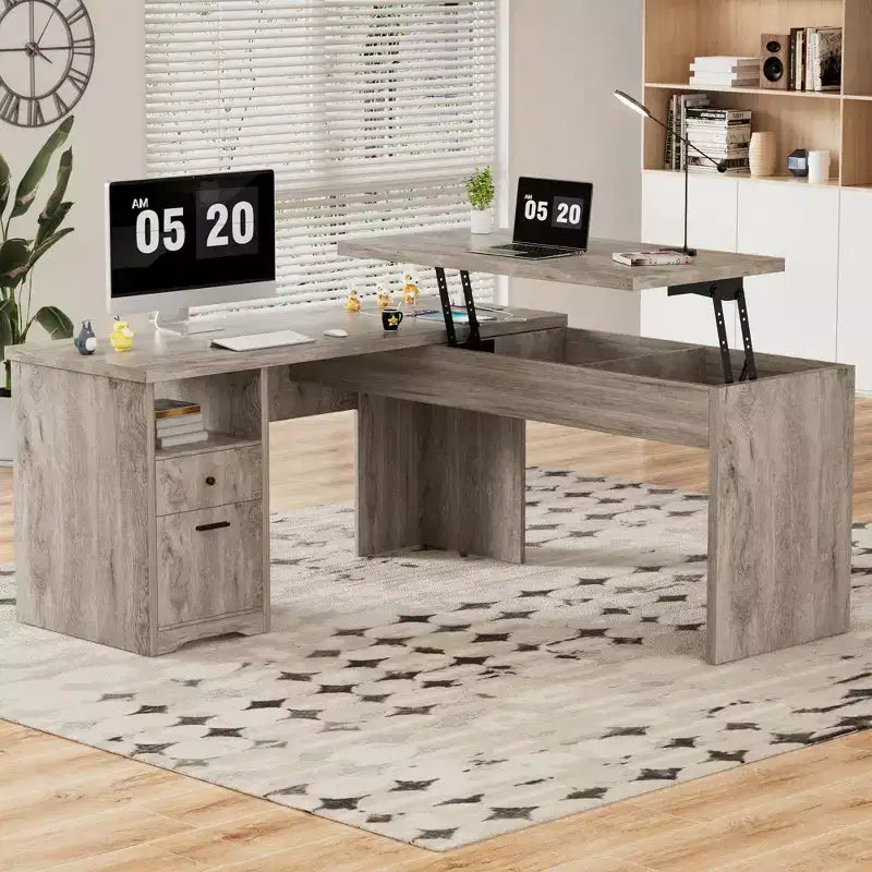 Besiost Bureau d'ordinateur à plateau relevable de 56 pouces avec tiroirs et prises de courant, Plateau relevable