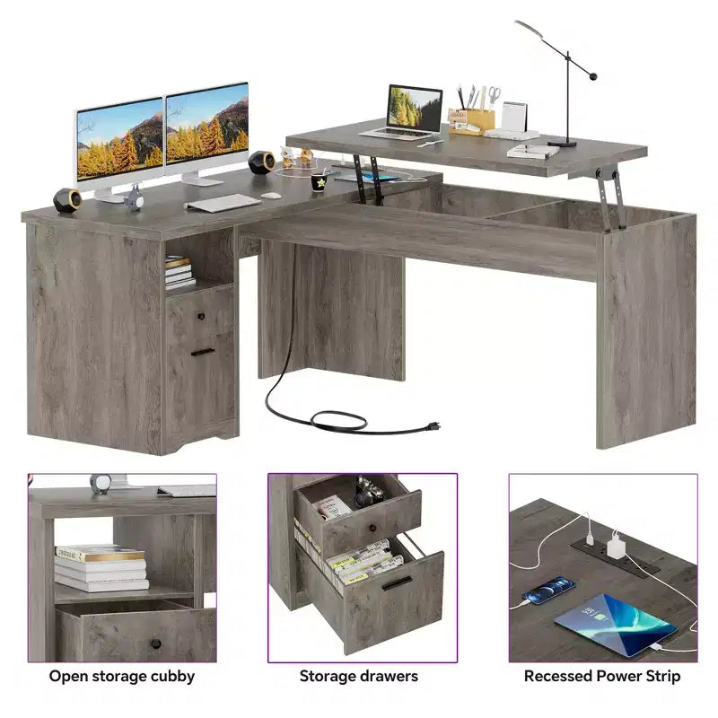 Besiost Bureau d'ordinateur à plateau relevable de 56 pouces avec tiroirs et prises de courant, Plateau relevable