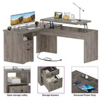 Besiost Bureau d'ordinateur à plateau relevable de 56 pouces avec tiroirs et prises de courant, Plateau relevable