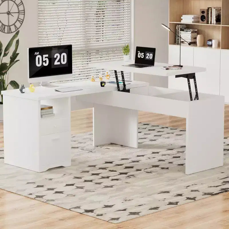 Besiost Bureau d'ordinateur à plateau relevable de 56 pouces avec tiroirs et prises de courant, Plateau relevable