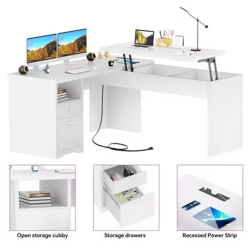Besiost Bureau d'ordinateur à plateau relevable de 56 pouces avec tiroirs et prises de courant, Plateau relevable