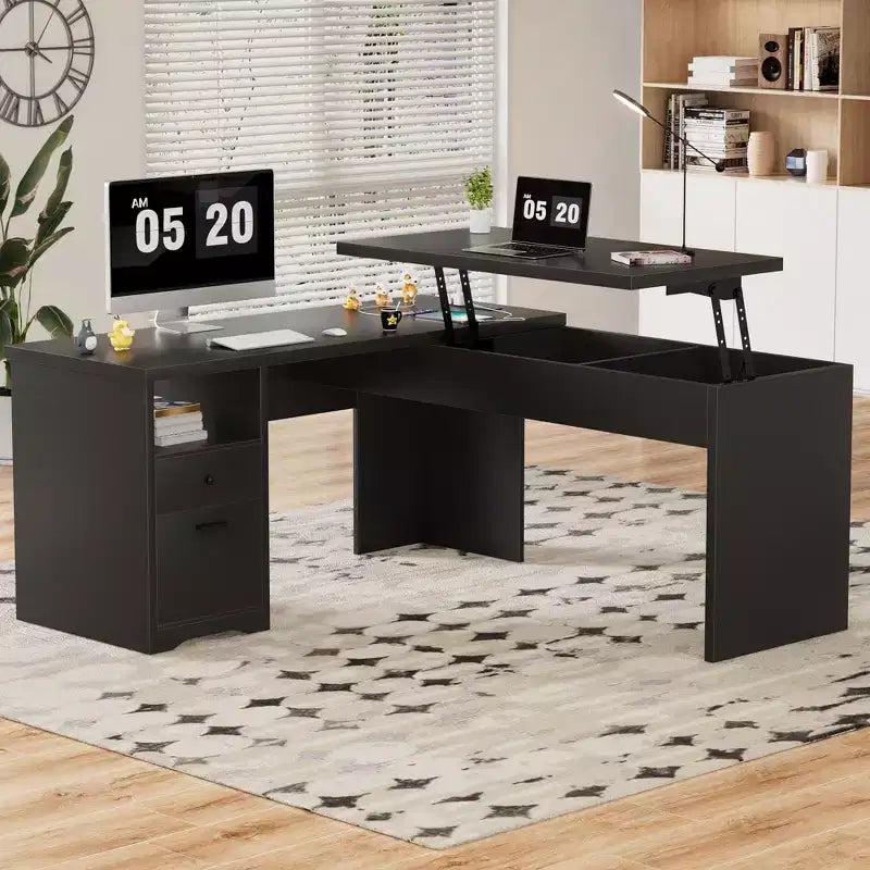 Besiost Bureau d'ordinateur à plateau relevable de 56 pouces avec tiroirs et prises de courant, Plateau relevable