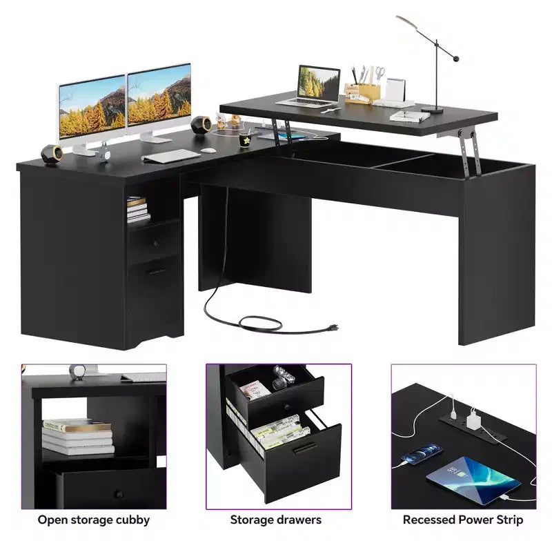 Besiost Bureau d'ordinateur à plateau relevable de 56 pouces avec tiroirs et prises de courant, Plateau relevable