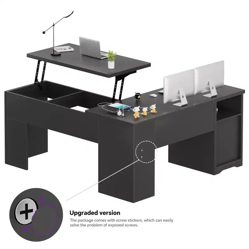 Besiost Bureau d'ordinateur à plateau relevable de 56 pouces avec tiroirs et prises de courant, Plateau relevable